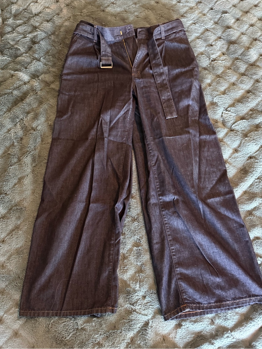 Wide-Leg Dark Blue Denim Pants with Belt